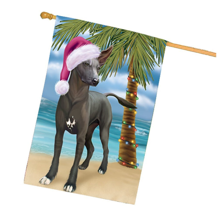 Summertime Christmas Happy Holidays Xoloitzcuintli Mexican Hairless Dog on Beach House Flag HFLG357