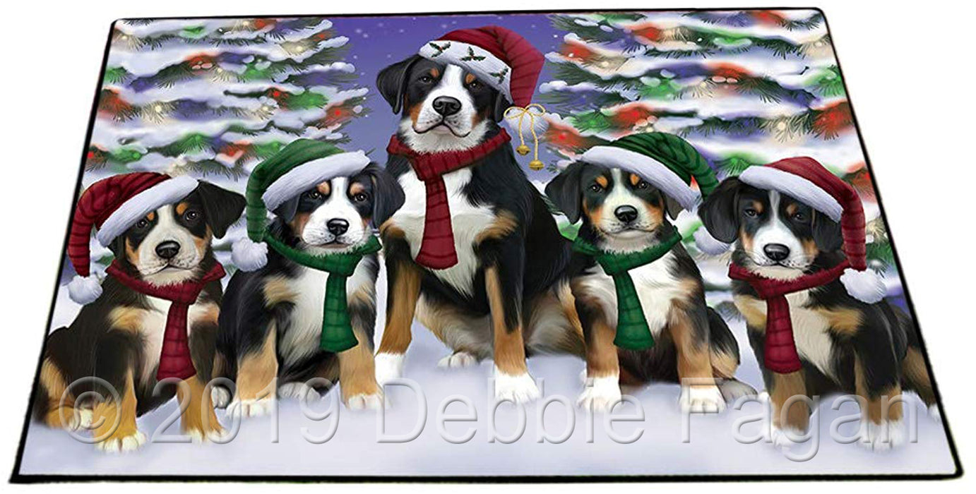 Greater Swiss Mountain Dogs Christmas Family Portrait in Holiday Scenic Background Floormat FLMS51939