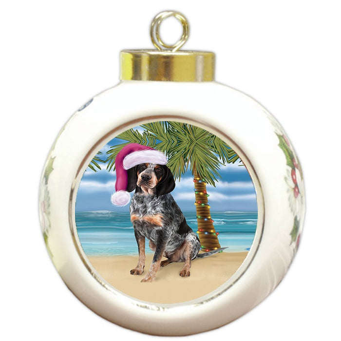 Summertime Happy Holidays Christmas Bluetick Coonhound Dog on Tropical Island Beach Round Ball Ornament