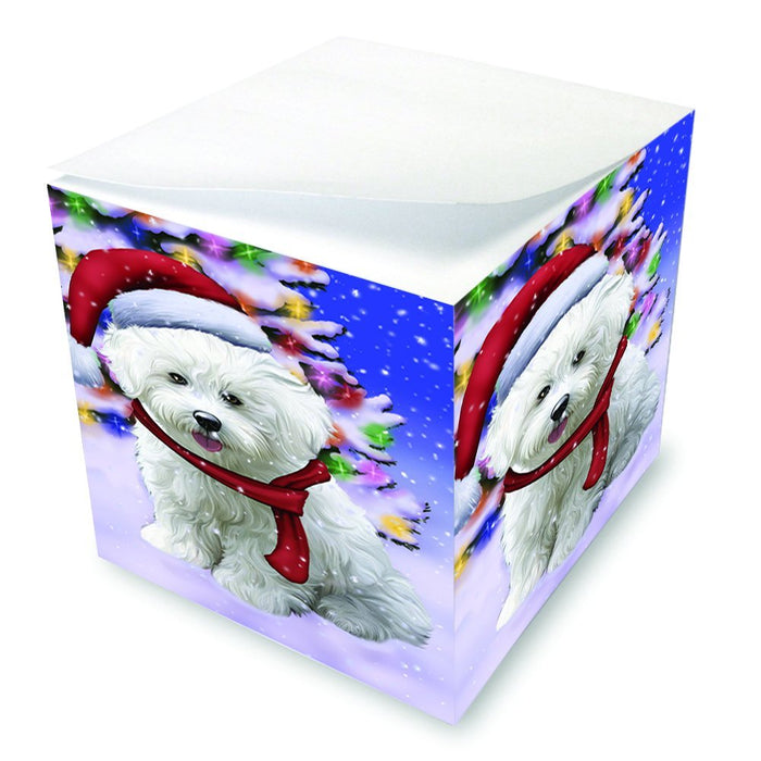 Winterland Wonderland Bichon Dog In Christmas Holiday Scenic Background Note Cube D644