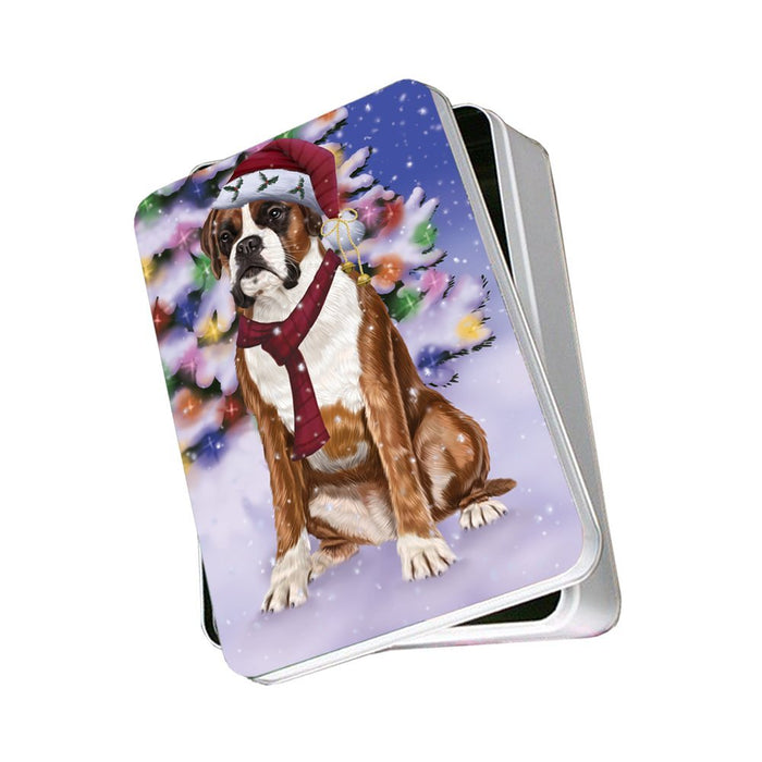 Winterland Wonderland Boxers Dog In Christmas Holiday Scenic Background Photo Storage Tin