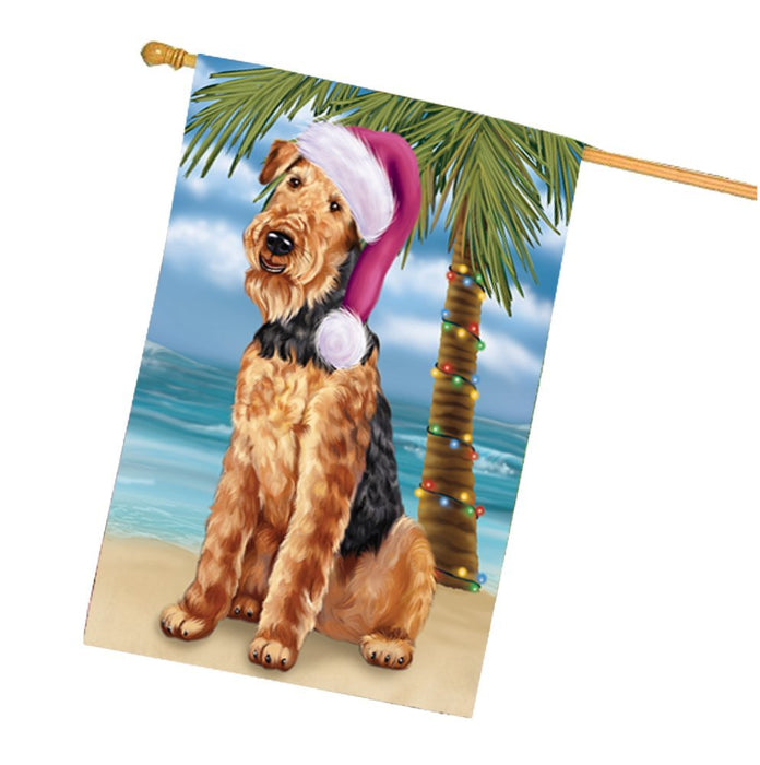 Summertime Happy Holidays Christmas Airedale Dog on Tropical Island Beach House Flag