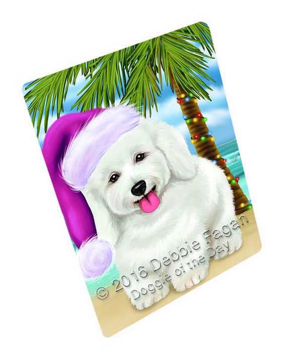 Summertime Happy Holidays Christmas Bichon Frise Dog on Tropical Island Beach Tempered Cutting Board