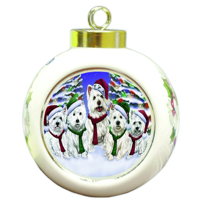 West Highland Terriers Dog Christmas Family Portrait in Holiday Scenic Background Round Ball Ornament D152