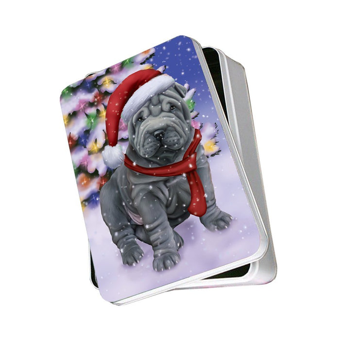 Winterland Wonderland Shar Pei Dog In Christmas Holiday Scenic Background Photo Storage Tin