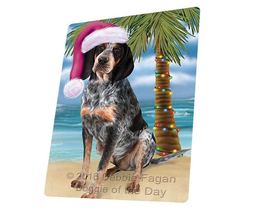 Summertime Happy Holidays Christmas Bluetick Coonhound Dog on Tropical Island Beach Tempered Cutting Board (Small)