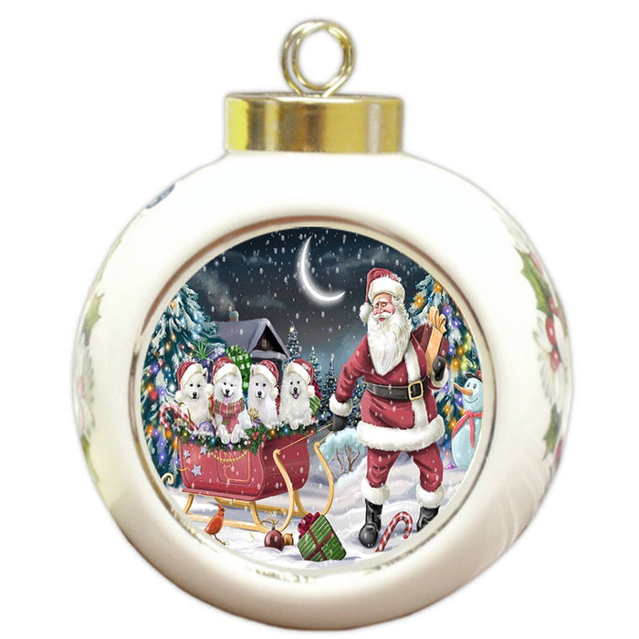 Santa Sled Dogs Samoyed Christmas Round Ball Ornament POR990