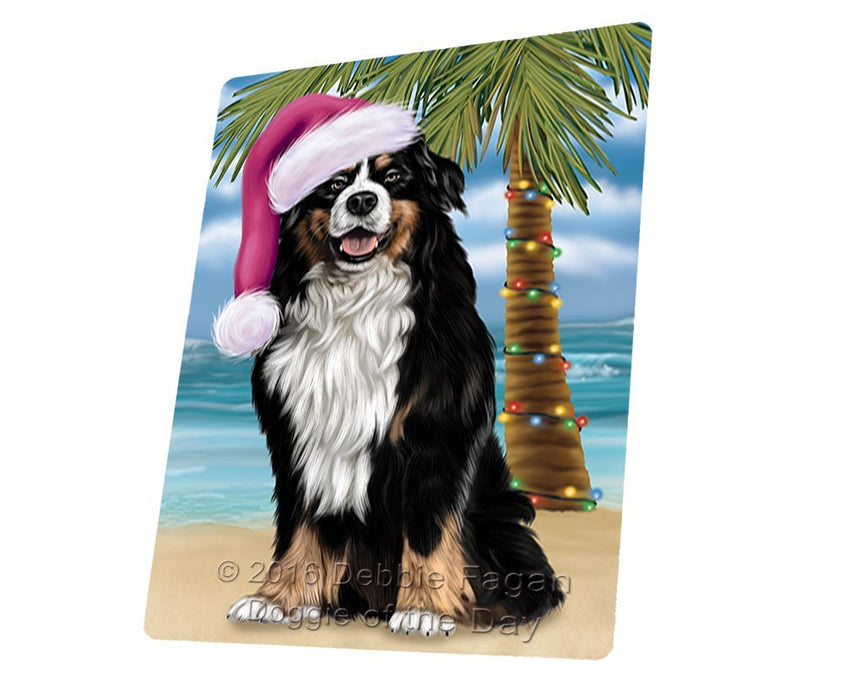 Summertime Happy Holidays Christmas Bernese Dog on Tropical Island Beach Tempered Cutting Board (Small)