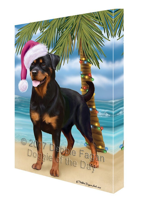 Summertime Happy Holidays Christmas Rottweiler Dog on Tropical Island Beach Canvas Wall Art D116
