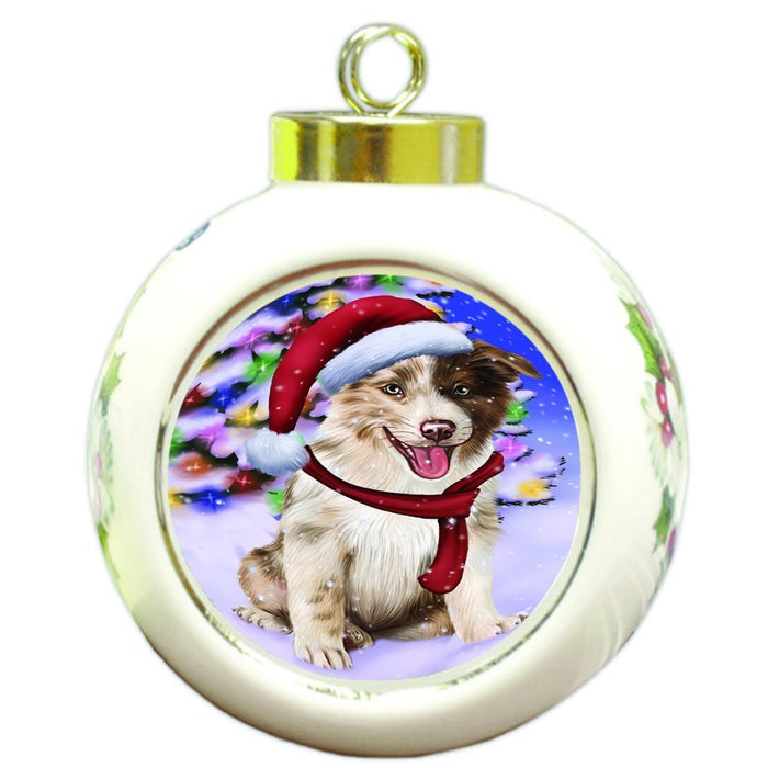 Winterland Wonderland Border Collies Dog In Christmas Holiday Scenic Background Round Ball Ornament D554