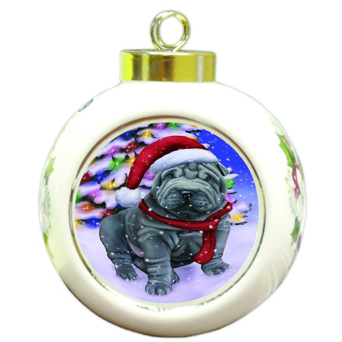 Winterland Wonderland Shar Pei Dog In Christmas Holiday Scenic Background Round Ball Ornament D584