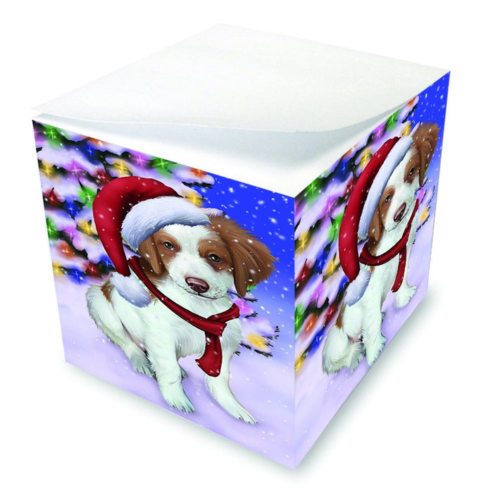 Winterland Wonderland Brittany Spaniel Dog In Christmas Holiday Scenic Background Note Cube D614
