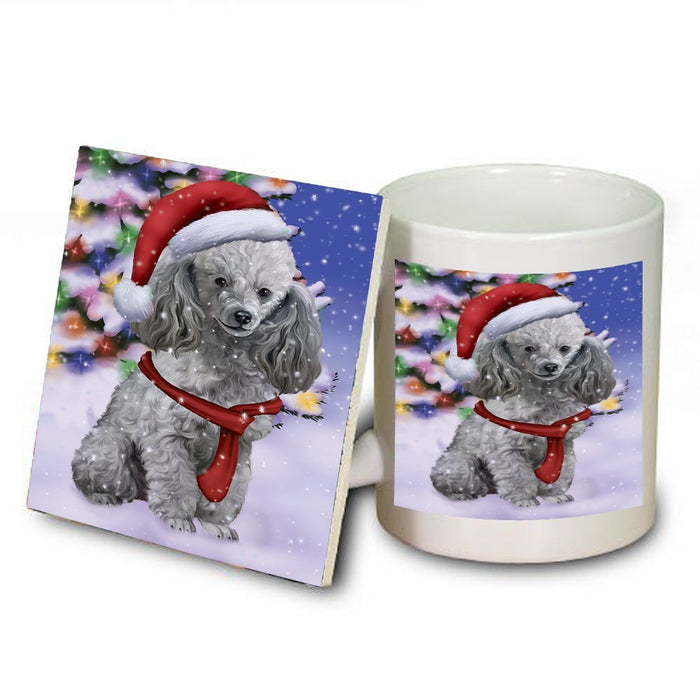 Winterland Wonderland Poodles Puppy Dog In Christmas Holiday Scenic Background Mug and Coaster Set