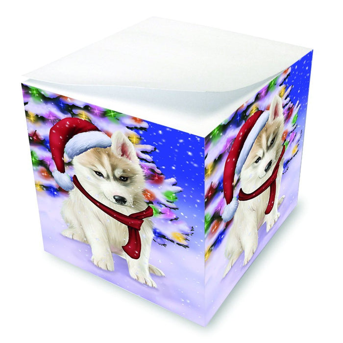 Winterland Wonderland Siberian Huskies Dog In Christmas Holiday Scenic Background Note Cube D681