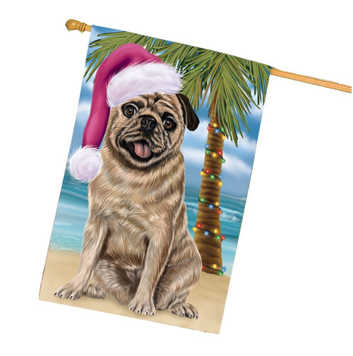 Summertime Happy Holidays Christmas Pugs Dog on Tropical Island Beach House Flag