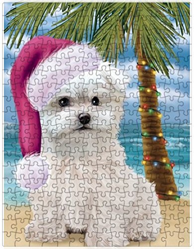 Summertime Happy Holidays Christmas Maltese Dog on Tropical Island Beach Puzzle with Photo Tin