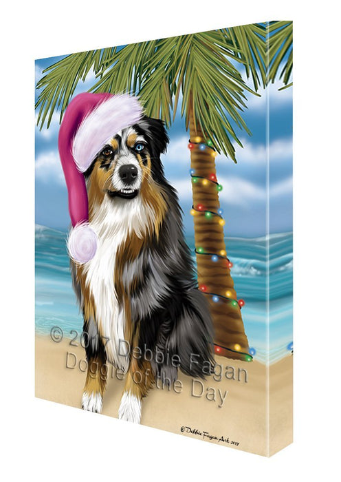 Summertime Happy Holidays Christmas Australian Shepherd Dog on Tropical Island Beach Canvas Wall Art