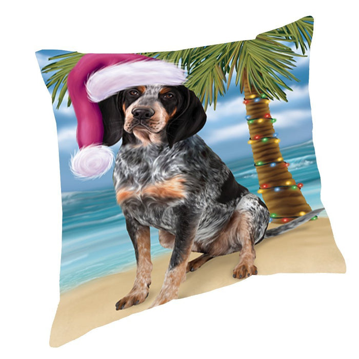 Summertime Happy Holidays Christmas Bluetick Coonhound Dog on Tropical Island Beach Throw Pillow