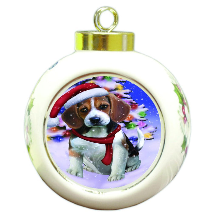 Winterland Wonderland Beagles Dog In Christmas Holiday Scenic Background Round Ball Ornament D546