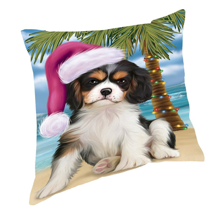Summertime Happy Holidays Christmas Cavalier King Charles Spaniel Dog on Tropical Island Beach Throw Pillow