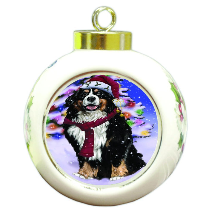 Winterland Wonderland Bernese Mountain Dog In Christmas Holiday Scenic Background Round Ball Ornament D550