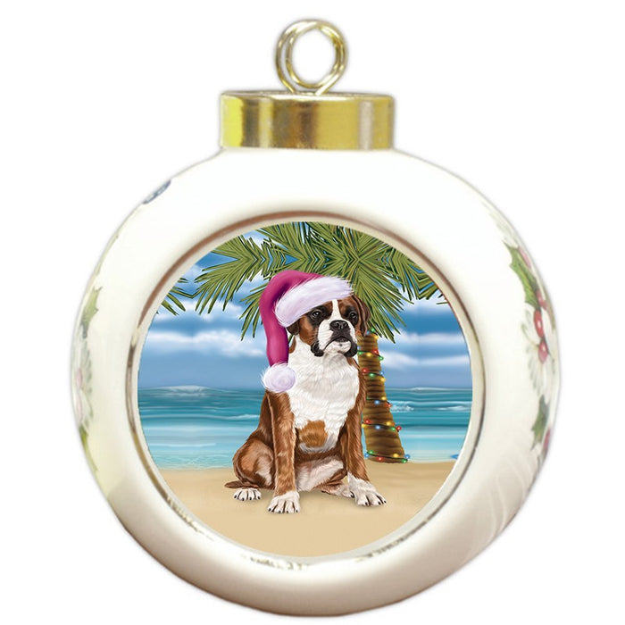 Summertime Happy Holidays Christmas Boxers Dog on Tropical Island Beach Round Ball Ornament