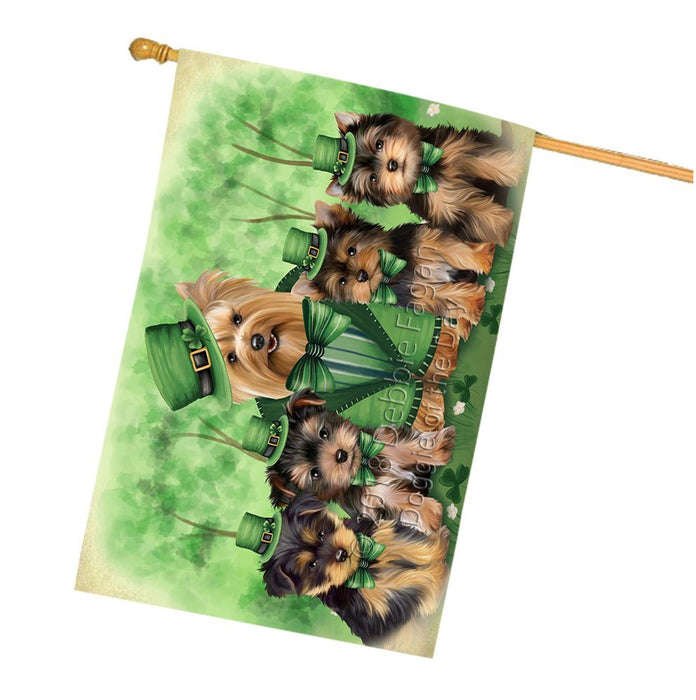 St. Patricks Day Irish Family Portrait Yorkshire Terriers Dog House Flag FLG49279