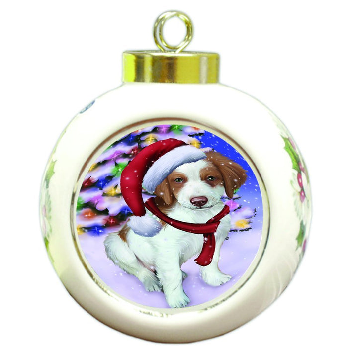 Winterland Wonderland Brittany Spaniel Dog In Christmas Holiday Scenic Background Round Ball Ornament D522