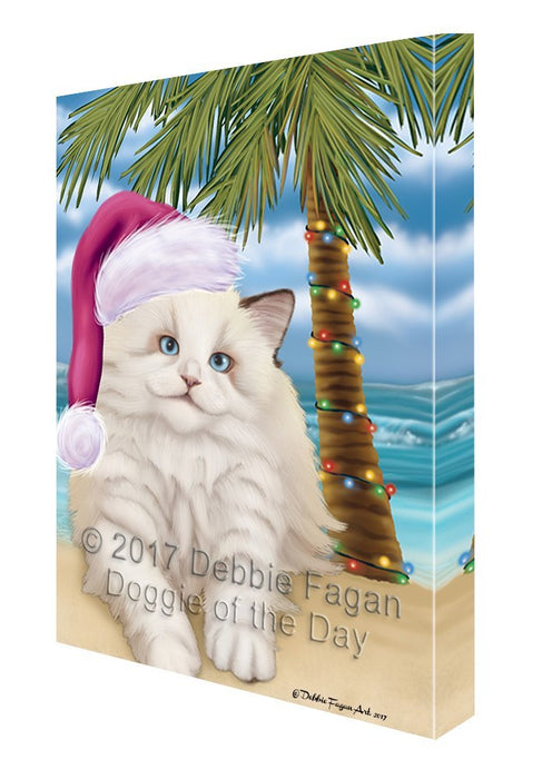 Summertime Happy Holidays Christmas White Ragdoll Cat on Tropical Island Beach Canvas Wall Art D130