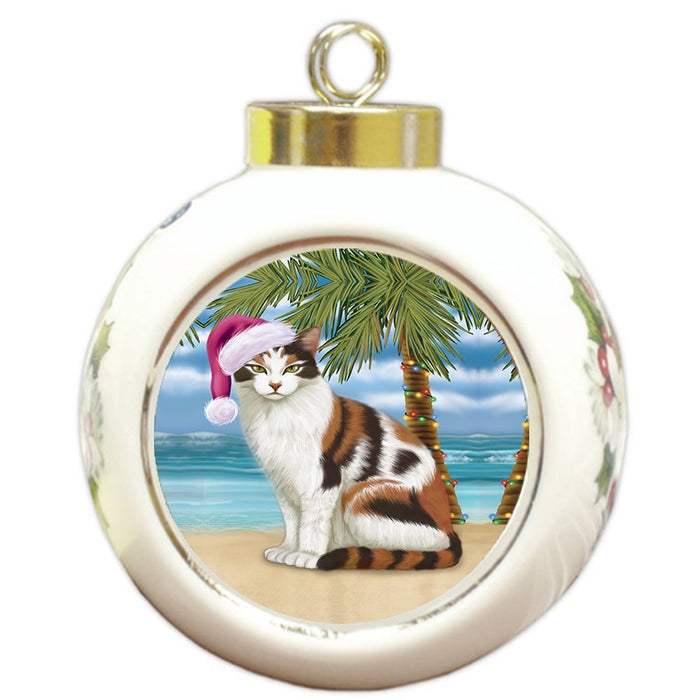 Summertime Calico Cat on Beach Christmas Round Ball Ornament POR1090