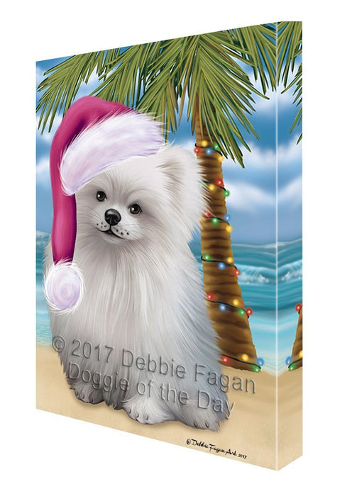 Summertime Happy Holidays Christmas Pomeranians Dog on Tropical Island Beach Canvas Wall Art