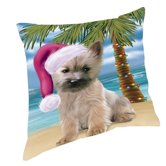 Summertime Happy Holidays Christmas Cairn Terrier Dog on Tropical Island Beach Throw Pillow