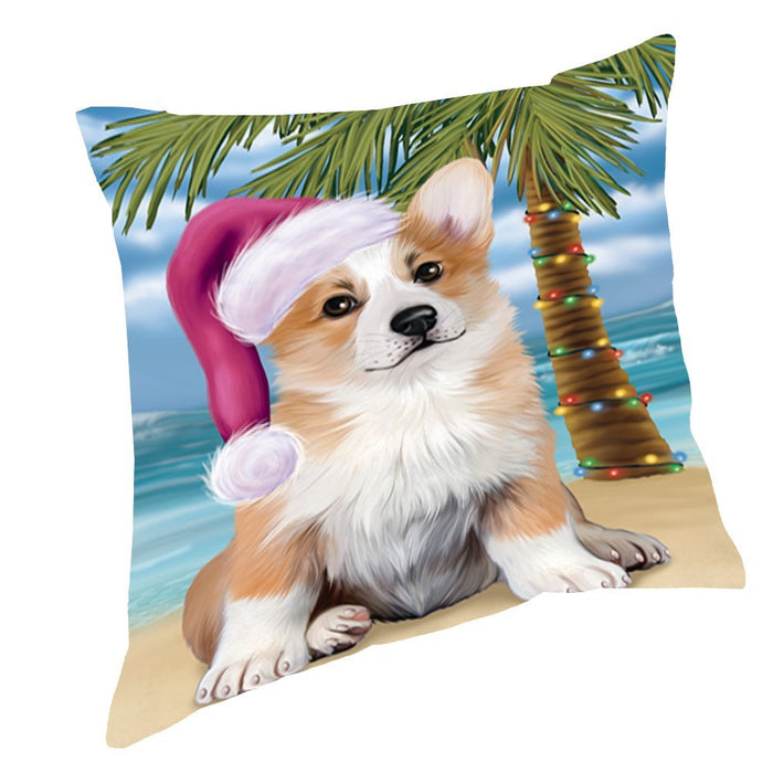 Summertime Happy Holidays Christmas Corgi Dog on Tropical Island Beach Throw Pillow