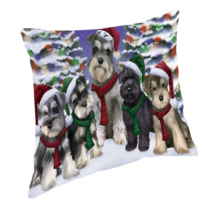 Schnauzers Dog Christmas Family Portrait in Holiday Scenic Background Throw Pillow