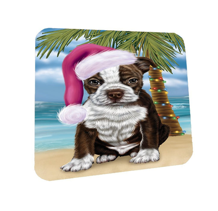 Summertime Happy Holidays Christmas Boston Terriers Dog on Tropical Island Beach Coasters Set of 4