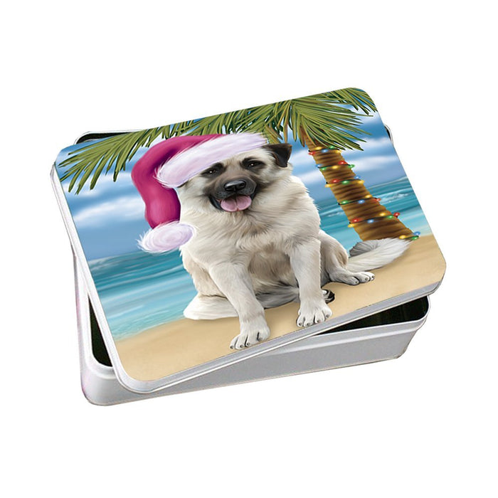 Summertime Happy Holidays Christmas Anatolian Shepherds Dog on Tropical Island Beach Photo Storage Tin