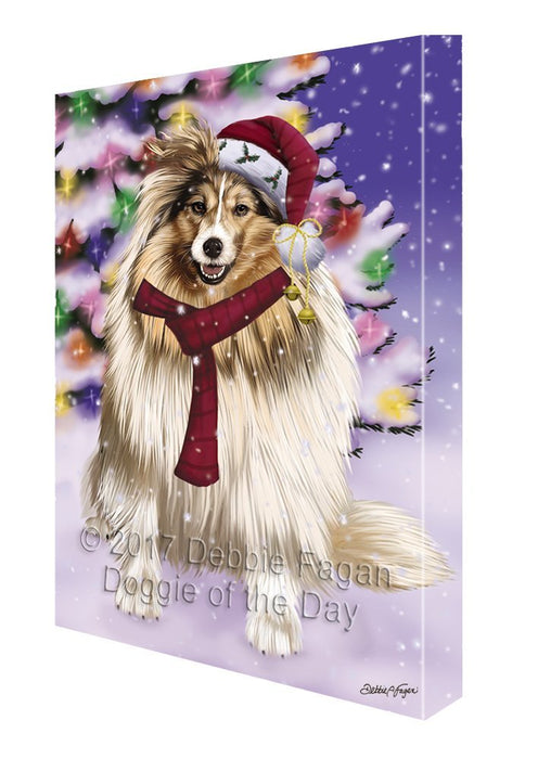 Winterland Wonderland Shetland Sheep Adult Dog In Christmas Holiday Scenic Background Painting Printed on Canvas Wall Art