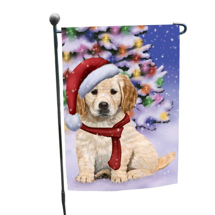 Winterland Wonderland Golden Retrievers Dog In Christmas Holiday Scenic Background Garden Flag