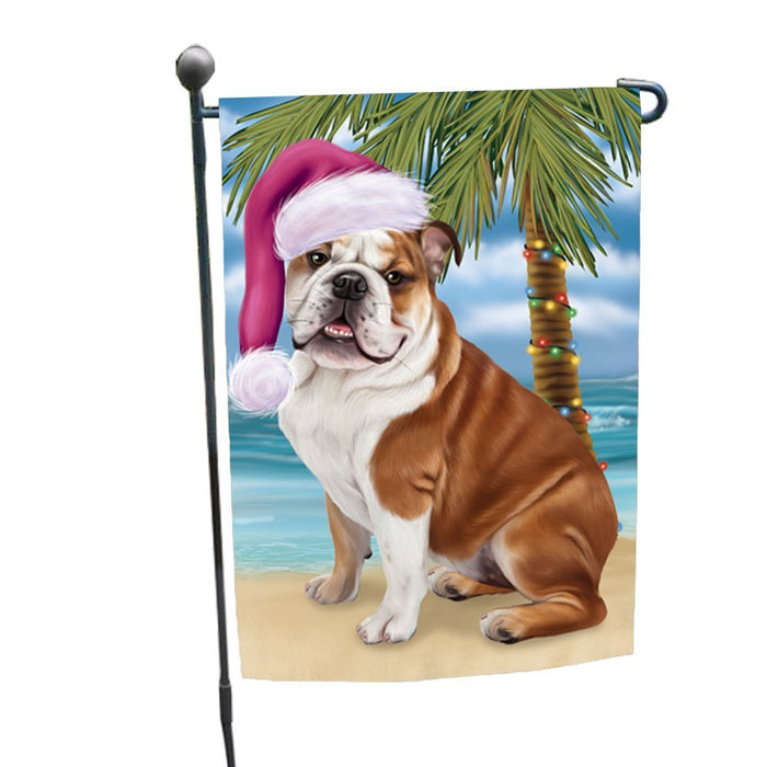Summertime Happy Holidays Christmas Bulldog Dog on Tropical Island Beach Garden Flag