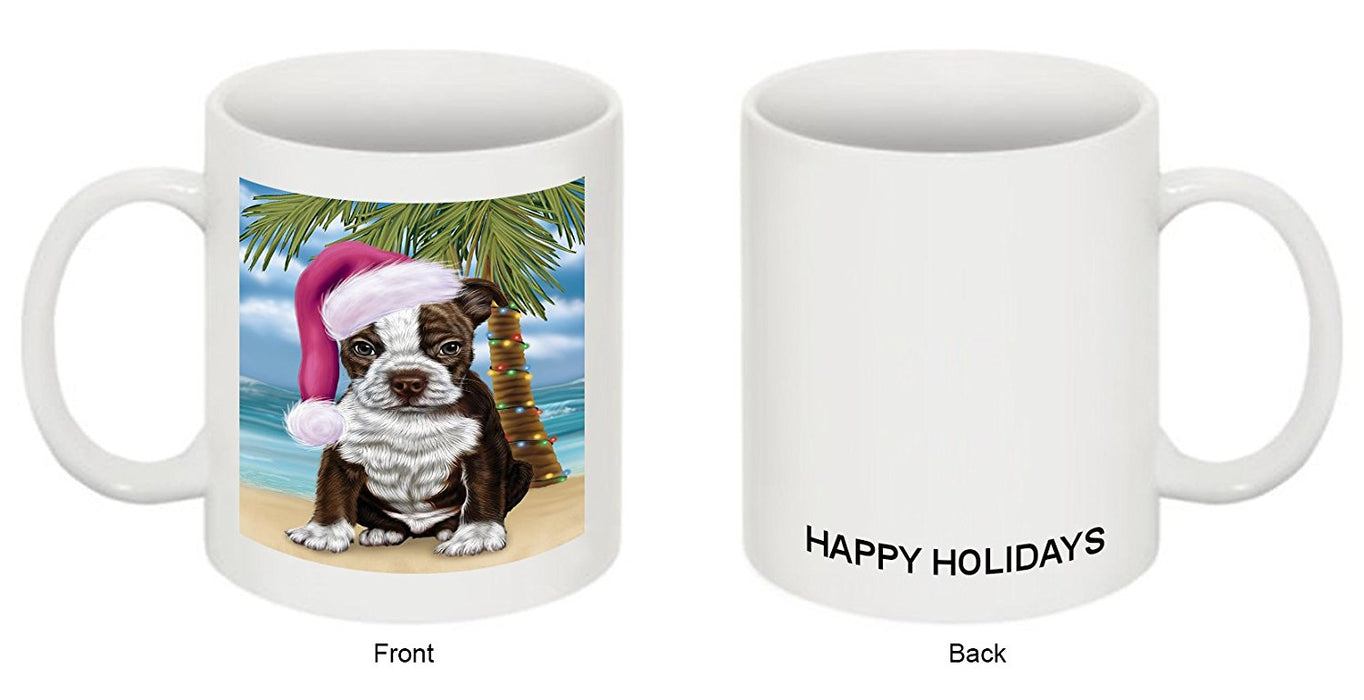 Summertime Happy Holidays Christmas Boston Terriers Dog on Tropical Island Beach Mug