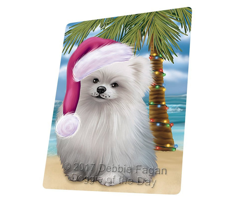 Summertime Happy Holidays Christmas Pomeranians Dog on Tropical Island Beach Tempered Cutting Board