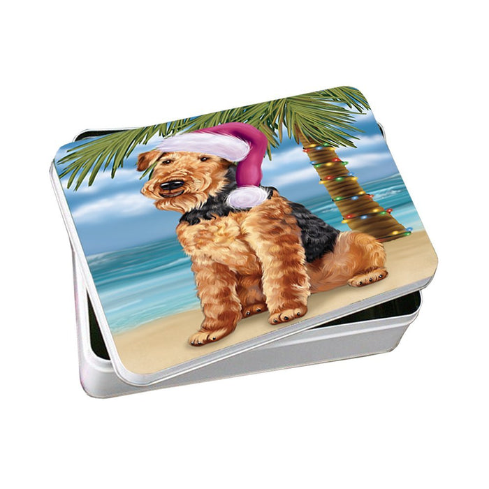 Summertime Happy Holidays Christmas Airedale Dog on Tropical Island Beach Photo Storage Tin