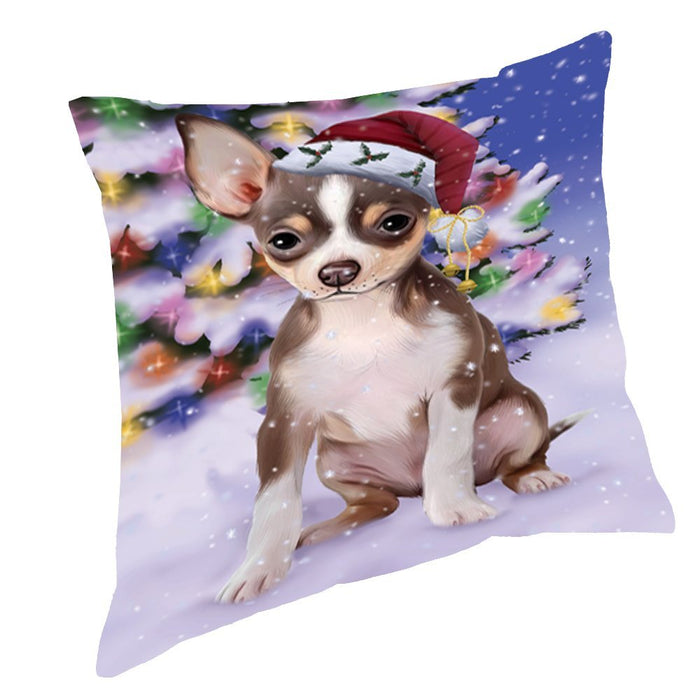 Winterland Wonderland Chihuahua Dog In Christmas Holiday Scenic Background Throw Pillow