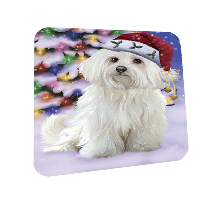 Winterland Wonderland Maltese Dog In Christmas Holiday Scenic Background Coasters Set of 4