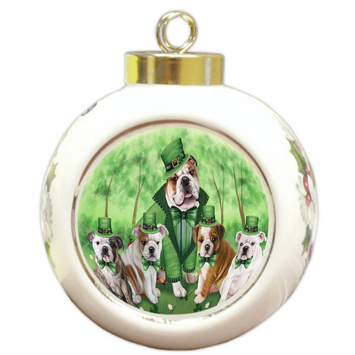 St. Patricks Day Irish Family Portrait Bulldogs Round Ball Christmas Ornament RBPOR48750