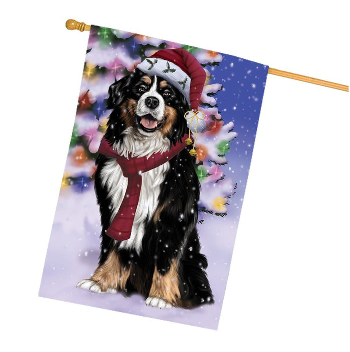 Winterland Wonderland Bernese Mountain Dog In Christmas Holiday Scenic Background House Flag
