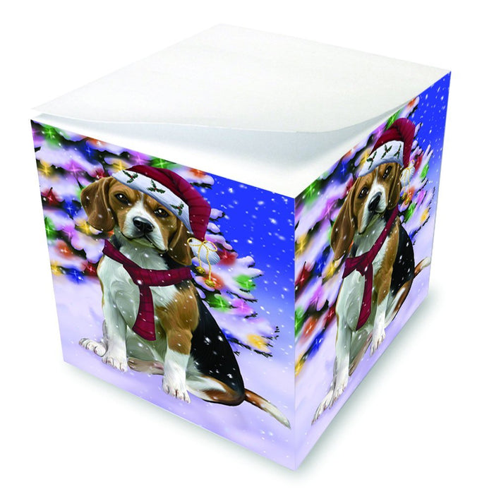 Winterland Wonderland Beagles Dog In Christmas Holiday Scenic Background Note Cube D637