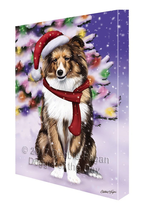 Winterland Wonderland Shetland Sheep Puppy Dog In Christmas Holiday Scenic Background Painting Printed on Canvas Wall Art