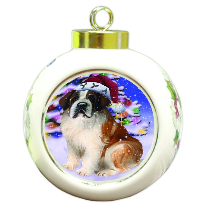 Winterland Wonderland Saint Bernard Dog In Christmas Holiday Scenic Background Round Ball Ornament D595