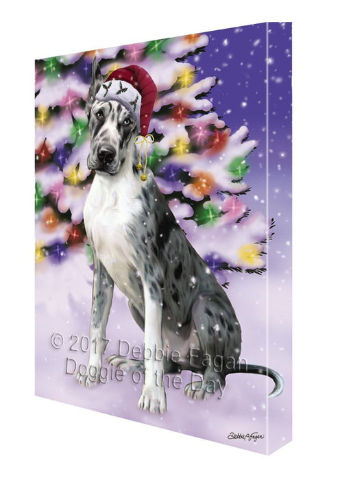 Winterland Wonderland Great Dane Adult Dog In Christmas Holiday Scenic Background Painting Printed on Canvas Wall Art
